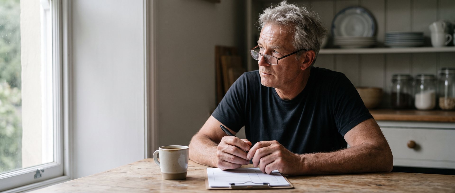 AI-generated illustration of a man in his fifties holding a pen over a blank form at a kitchen table