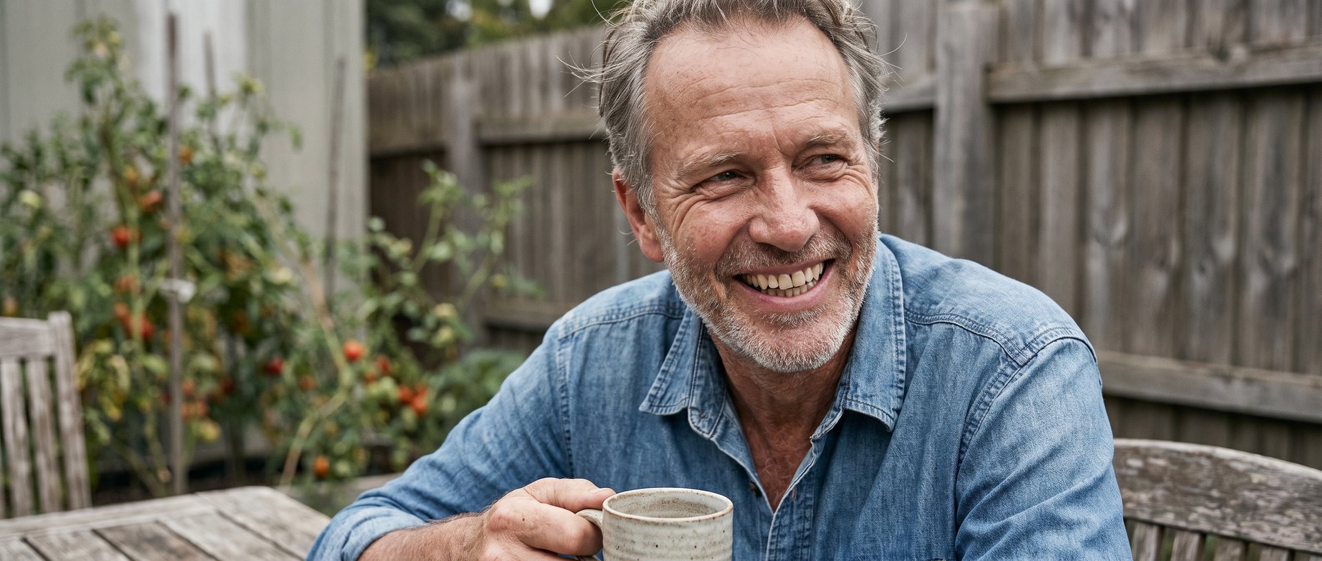 AI-generated illustration of a man in his sixties laughing at a garden table with a coffee mug