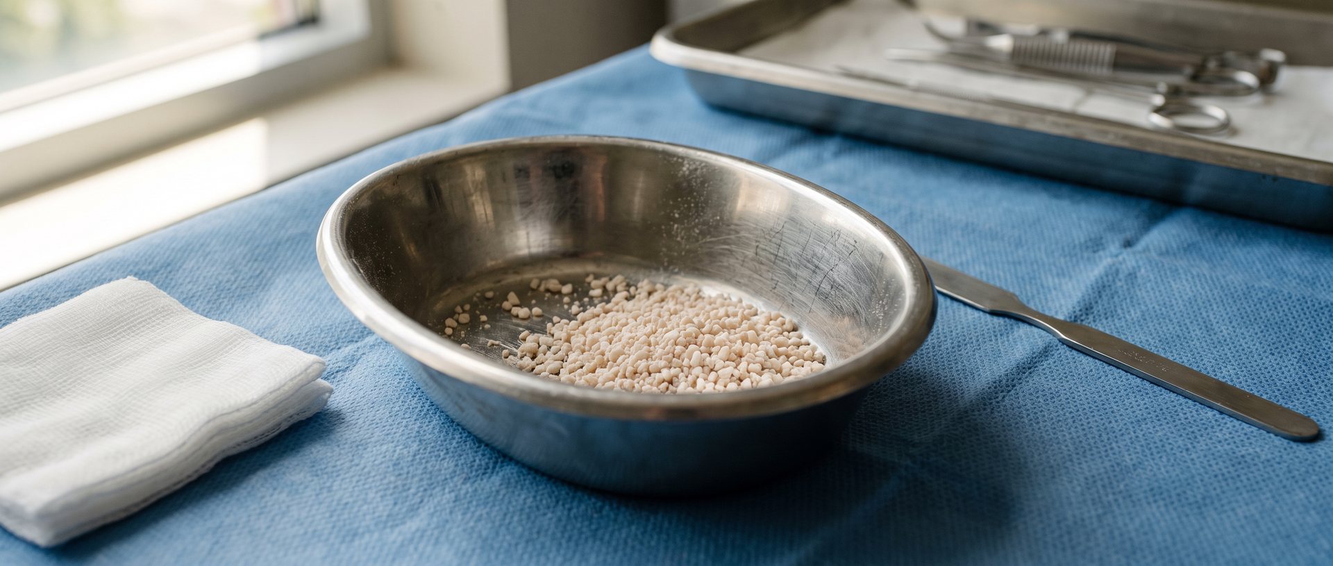AI-generated illustration of a steel dish of bone graft granules with a spatula and gauze on a sterile drape