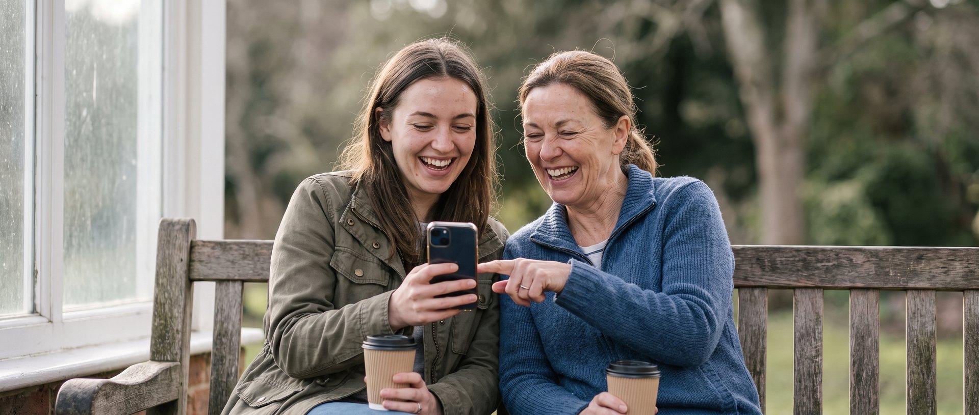AI-generated illustration of two women of different ages laughing together on a park bench