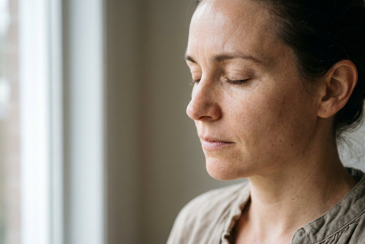 AI-generated illustration of a close side portrait of a woman in her thirties in soft window light