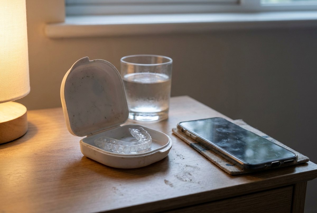 AI-generated illustration of a clear night guard in its case on a bedside table