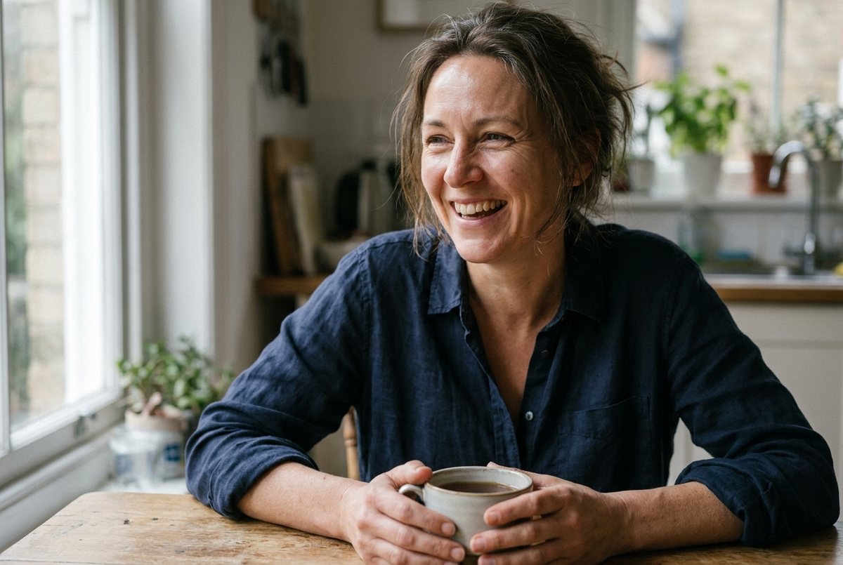 AI-generated illustration of a woman in her forties laughing at a sunlit kitchen table