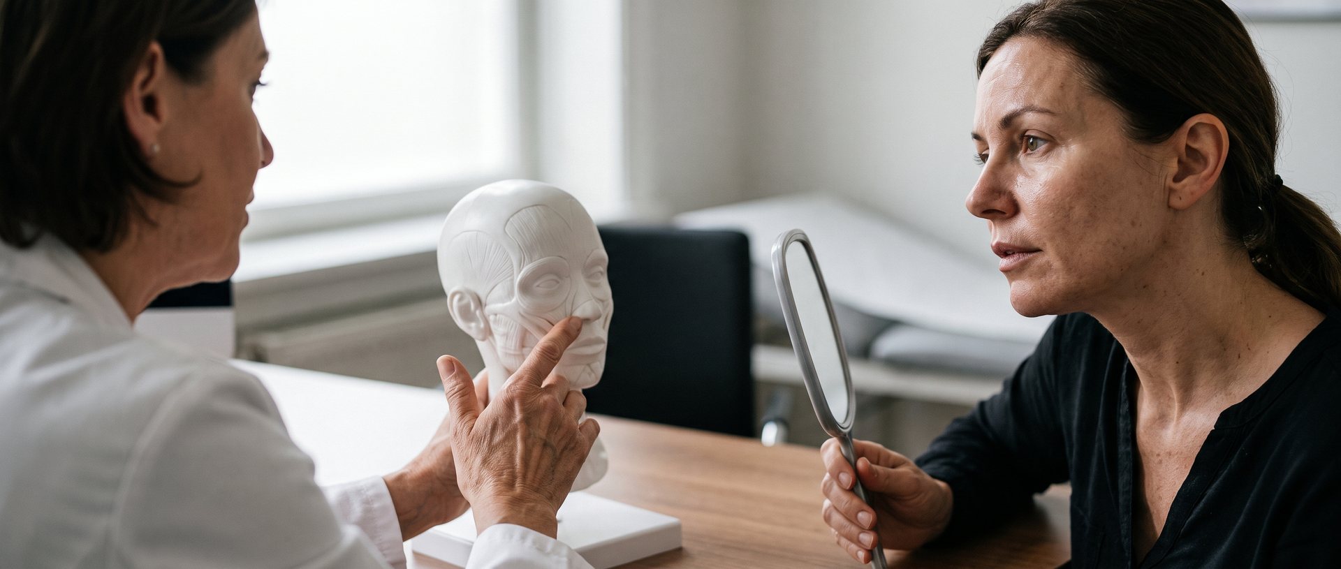 AI-generated illustration of a clinician and a woman talking beside a plain model of facial muscles