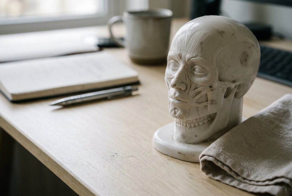 AI-generated illustration of a plain anatomical model of facial muscles on a wooden desk