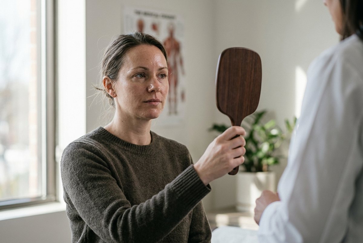 AI-generated illustration of a woman holding a hand mirror during a consultation