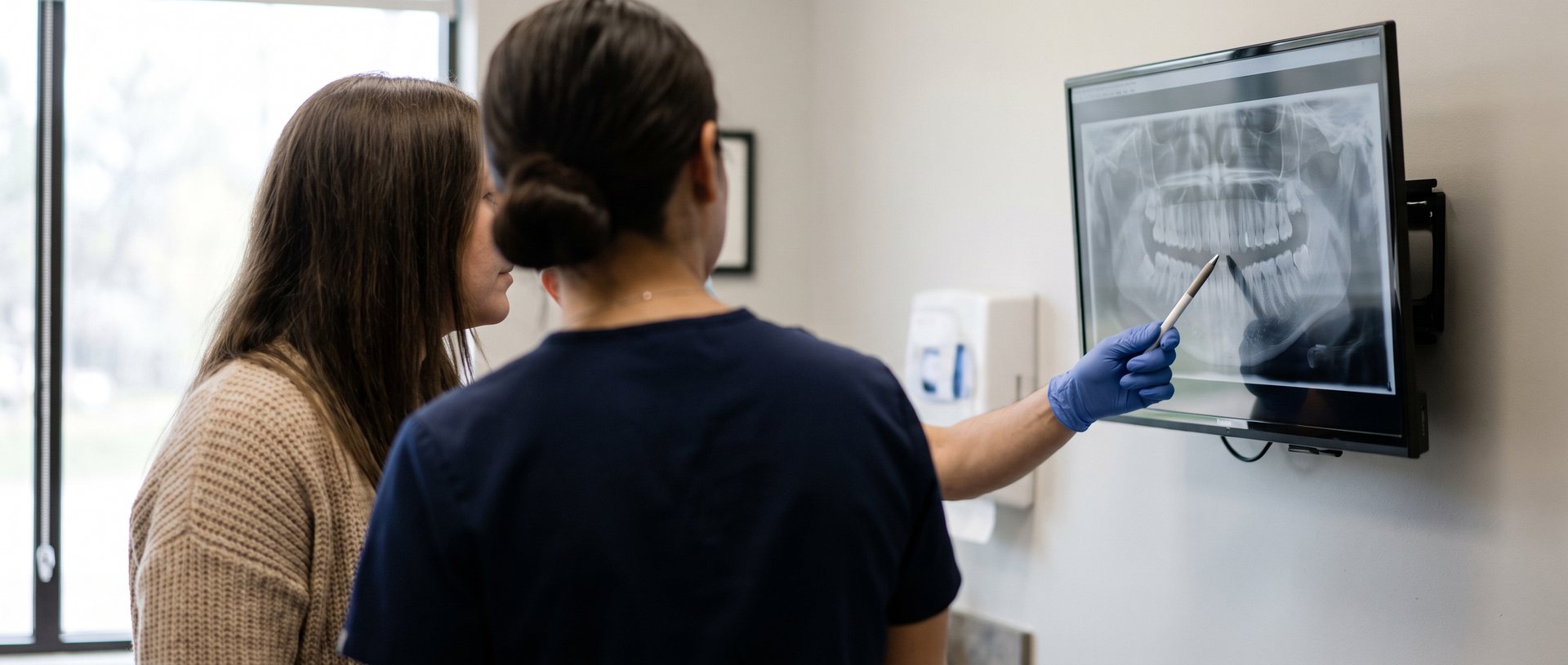 AI-generated illustration of a clinician pointing at a dental x-ray on a wall monitor while a patient looks on