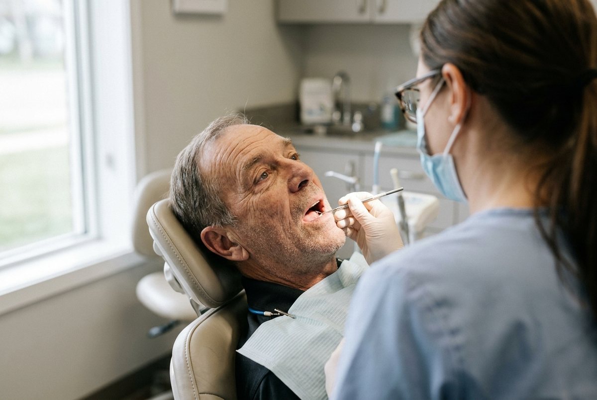 AI-generated illustration of a hygienist examining a man's gums during a routine dental check-up