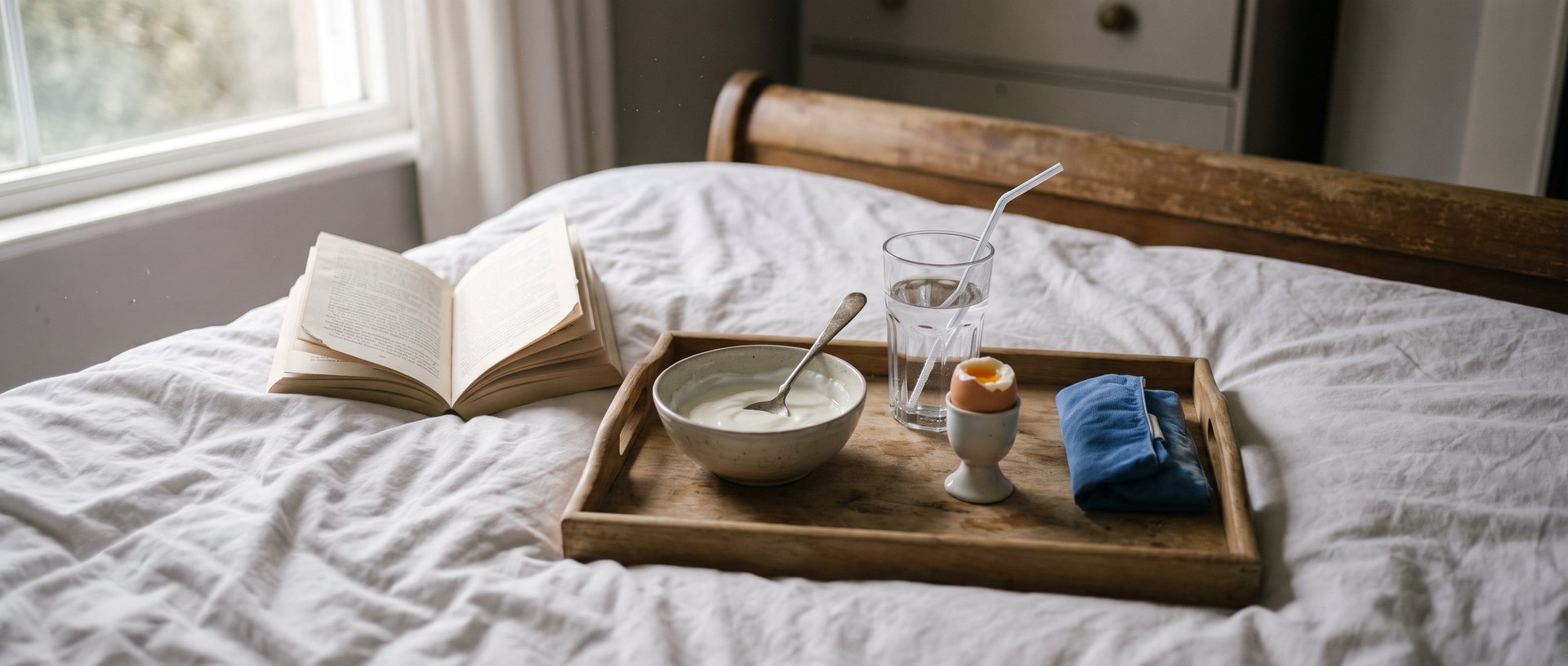AI-generated illustration of a bedside tray with yogurt, a soft-boiled egg, water and an ice pack