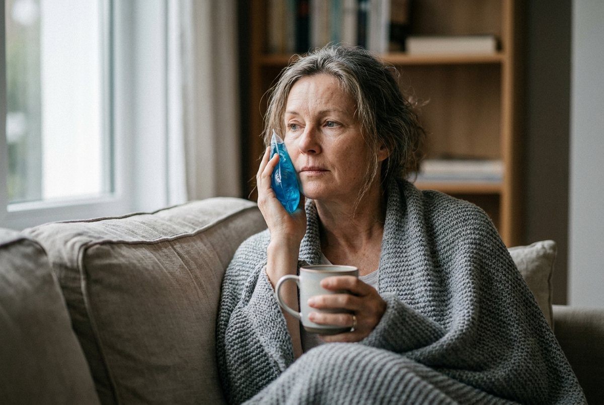 AI-generated illustration of a woman resting on a sofa with an ice pack held to her cheek
