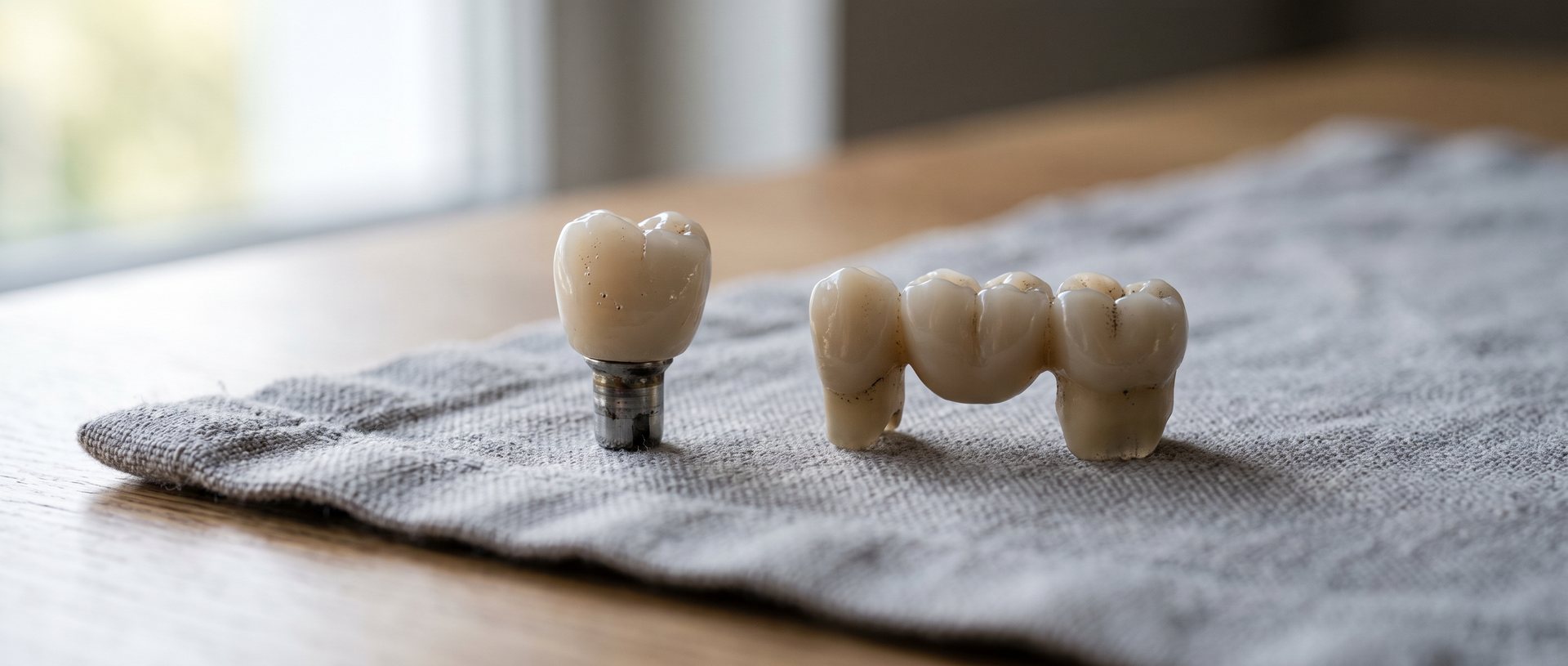 AI-generated illustration of a single implant crown model beside a three-unit bridge model on a grey cloth
