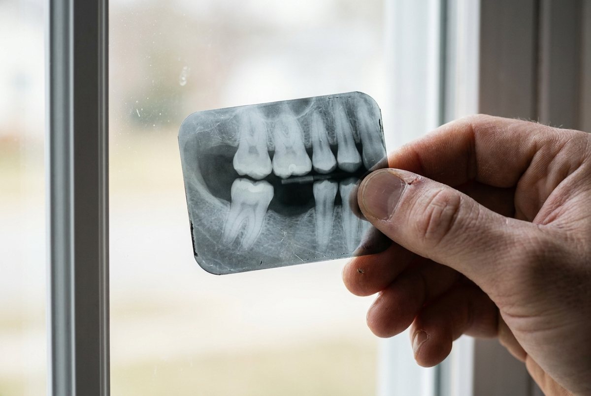 AI-generated illustration of a hand holding a printed dental x-ray up to a window