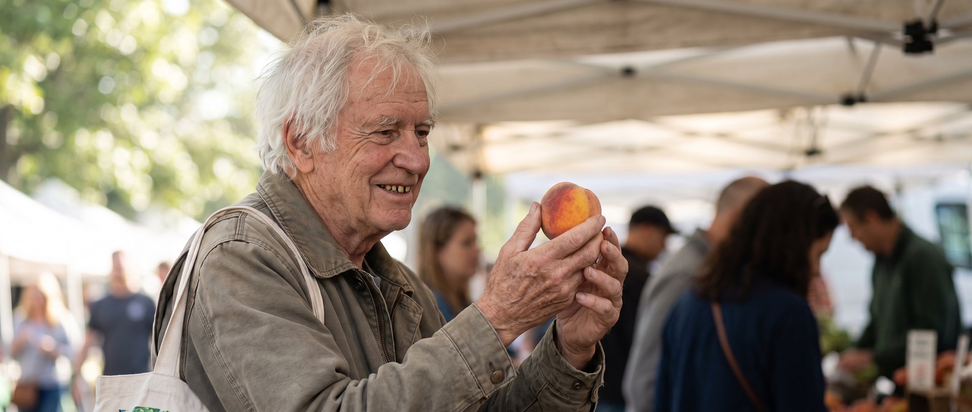 AI-generated illustration of an older man smiling while holding a peach at a farmers market