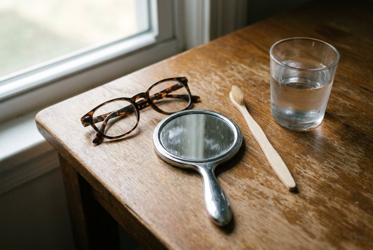 AI-generated illustration of reading glasses, a hand mirror and a toothbrush on a wooden table
