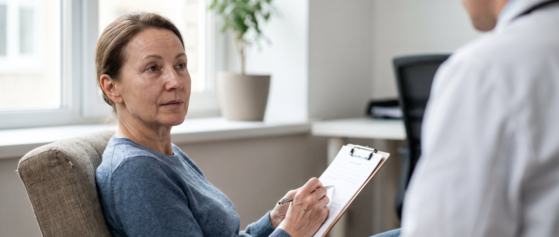 AI-generated illustration of a woman in a consultation room holding a clipboard while talking with a clinician