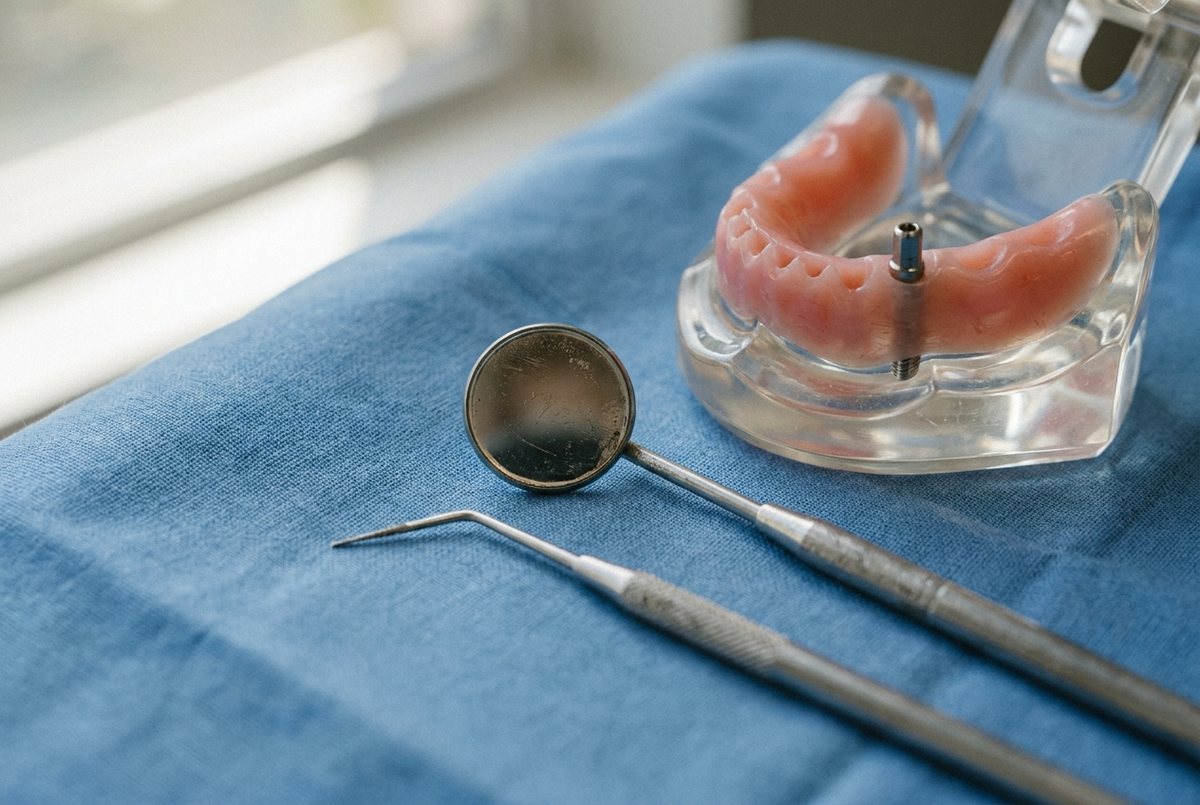 AI-generated illustration of a mouth mirror and gum probe beside a jaw model with an implant on a sterile drape