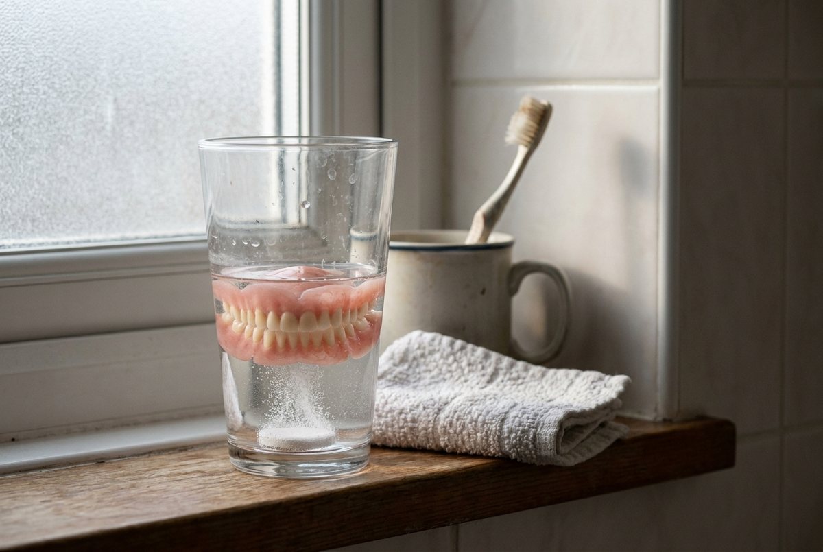AI-generated illustration of dentures soaking in a glass of water beside a toothbrush on a bathroom shelf