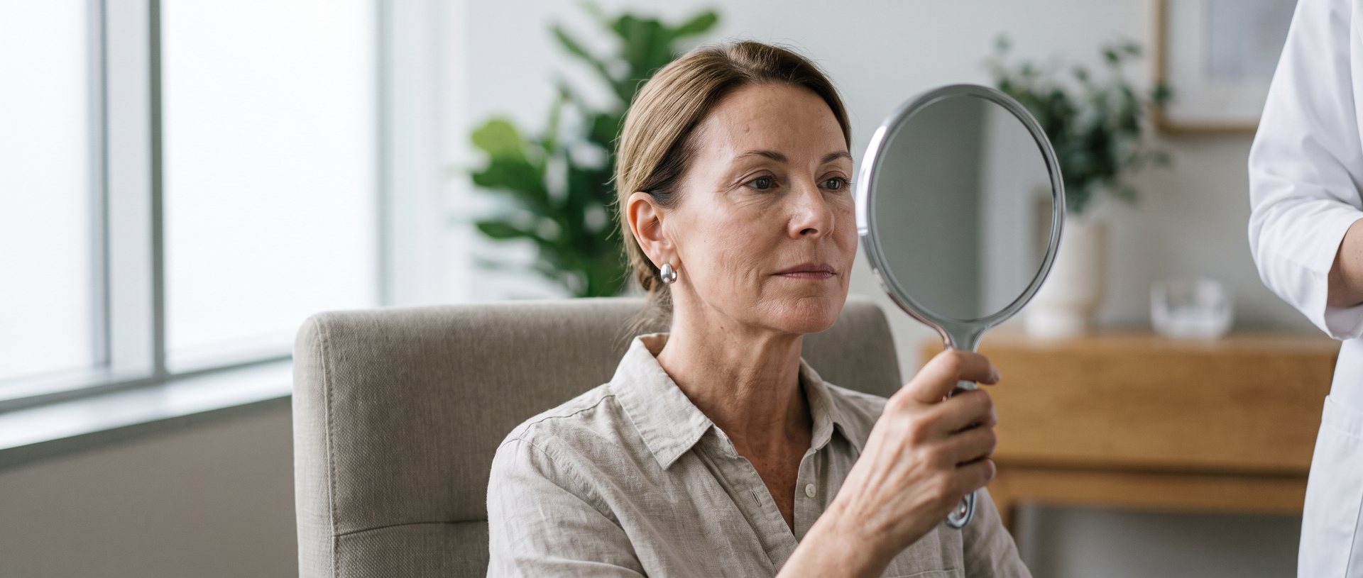 AI-generated illustration of a woman in her fifties looking in a hand mirror during a consultation