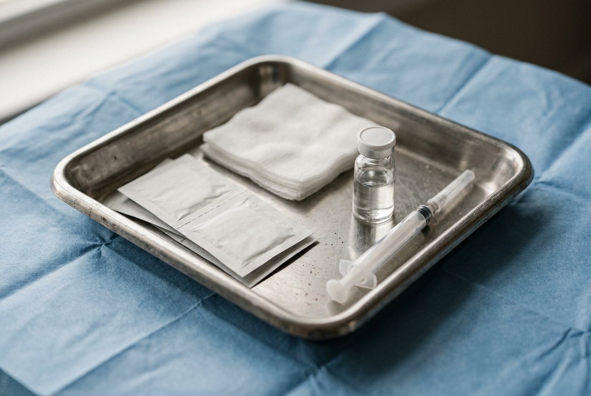 AI-generated illustration of a sterile treatment tray with gauze, swabs, a vial and a capped syringe
