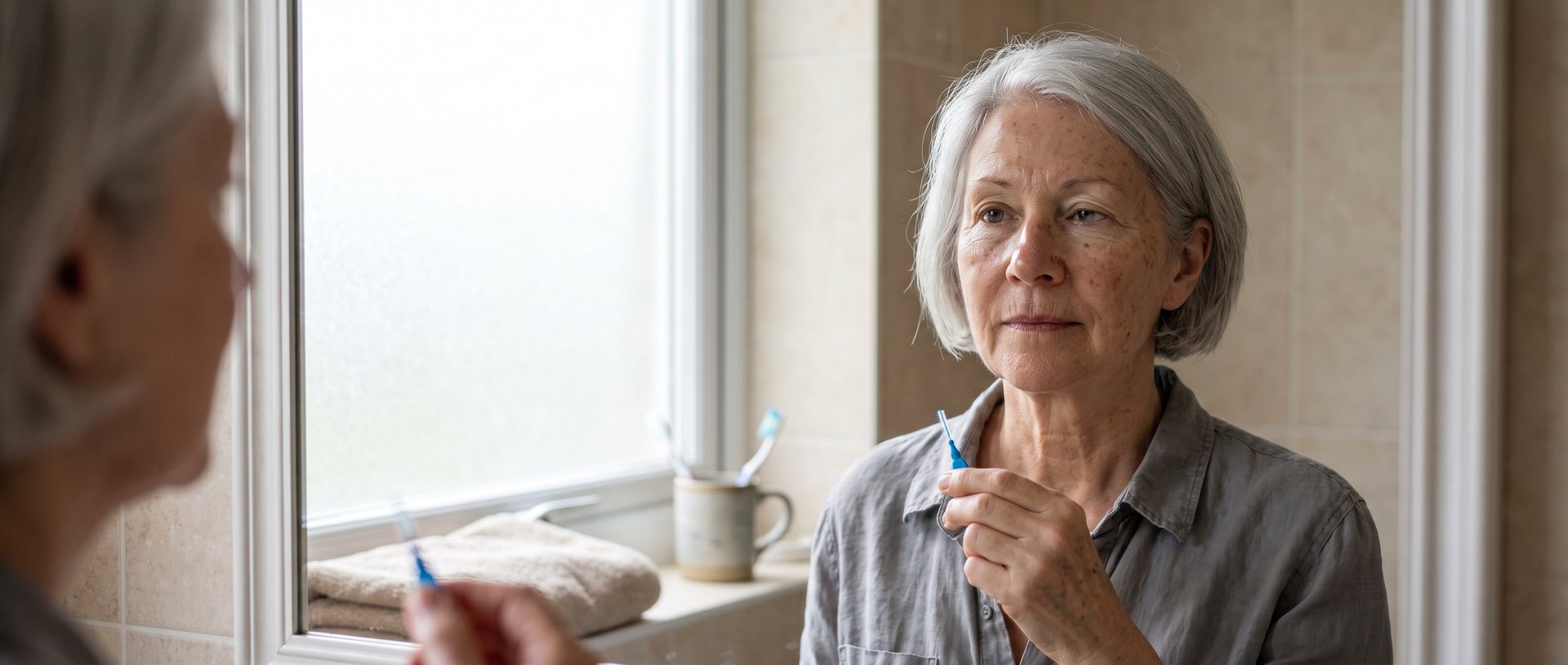 AI-generated illustration of a woman in her sixties holding a small interdental brush at a bathroom mirror