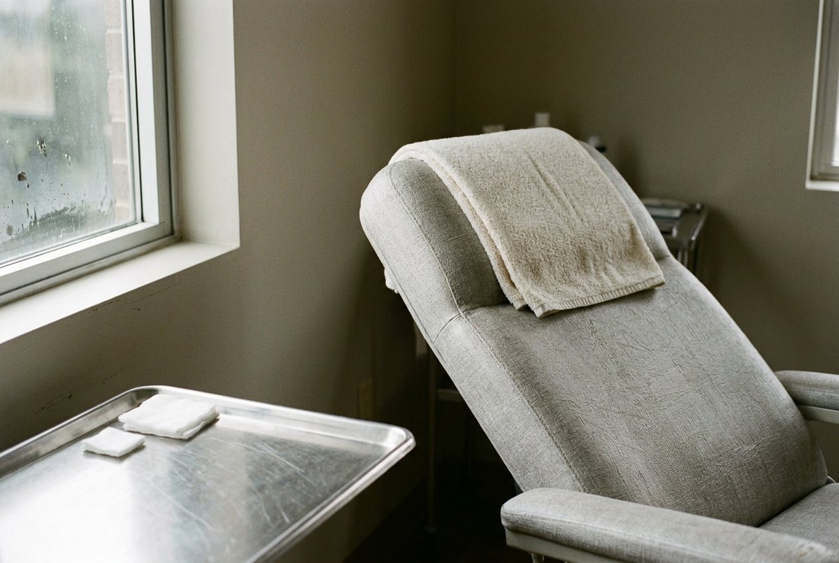 AI-generated illustration of a clean treatment room with a reclined chair and a tray of gauze