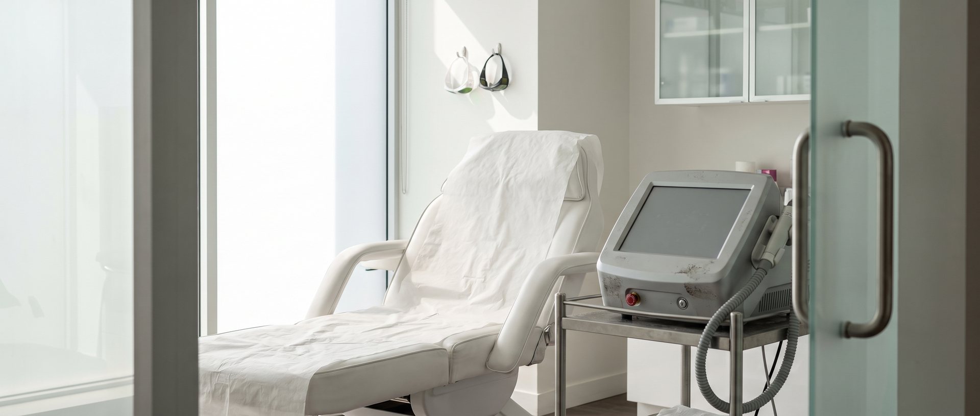 AI-generated illustration of a treatment room with a reclined chair and a laser console