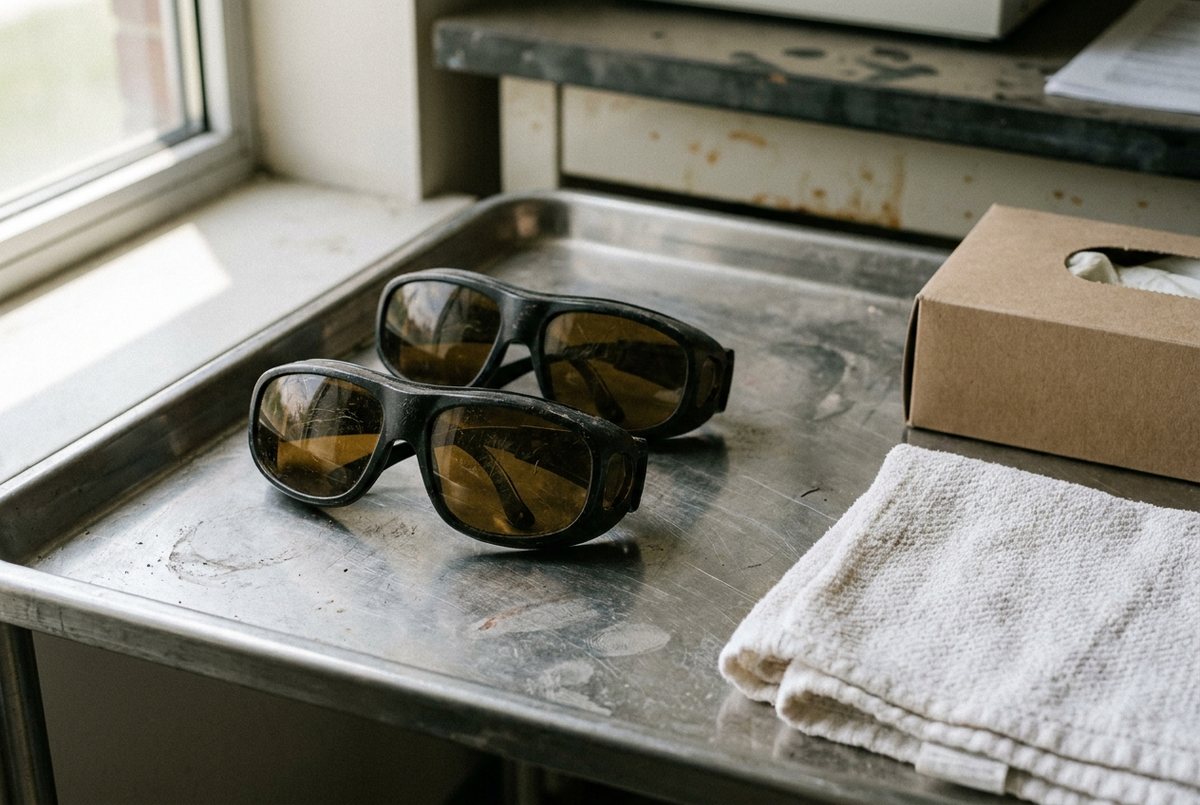 AI-generated illustration of protective goggles on a stainless tray beside a folded towel