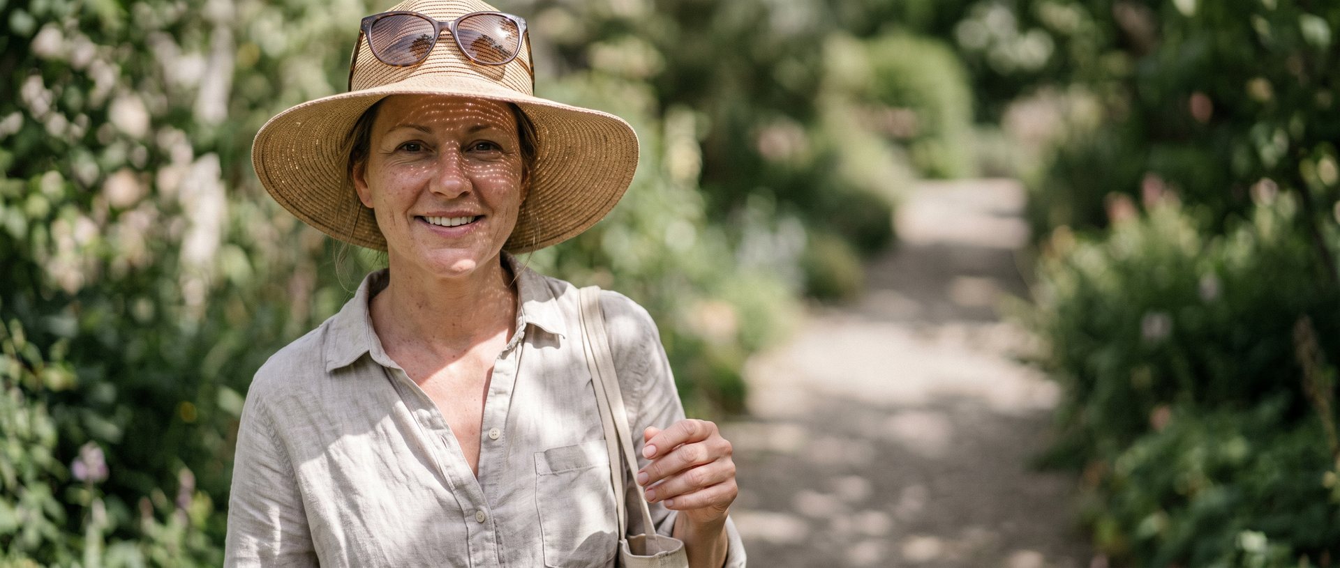 AI-generated illustration of a woman in a wide-brim hat walking along a shaded garden path