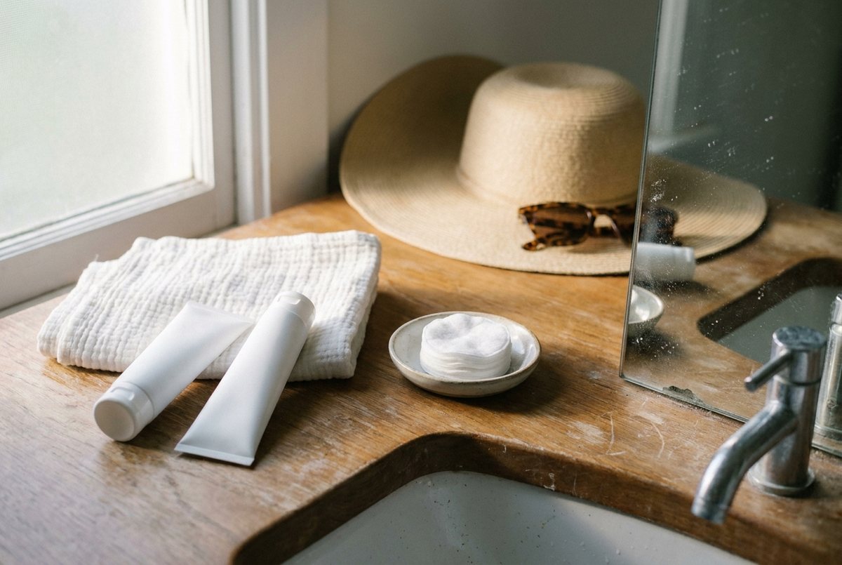 AI-generated illustration of plain skincare tubes, a straw hat and sunglasses on a bathroom counter
