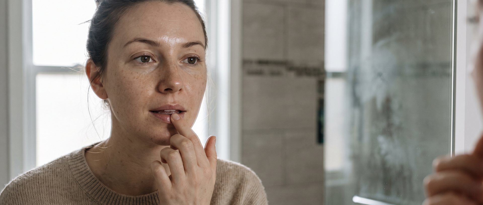 AI-generated illustration of a woman in her twenties applying lip balm at a mirror