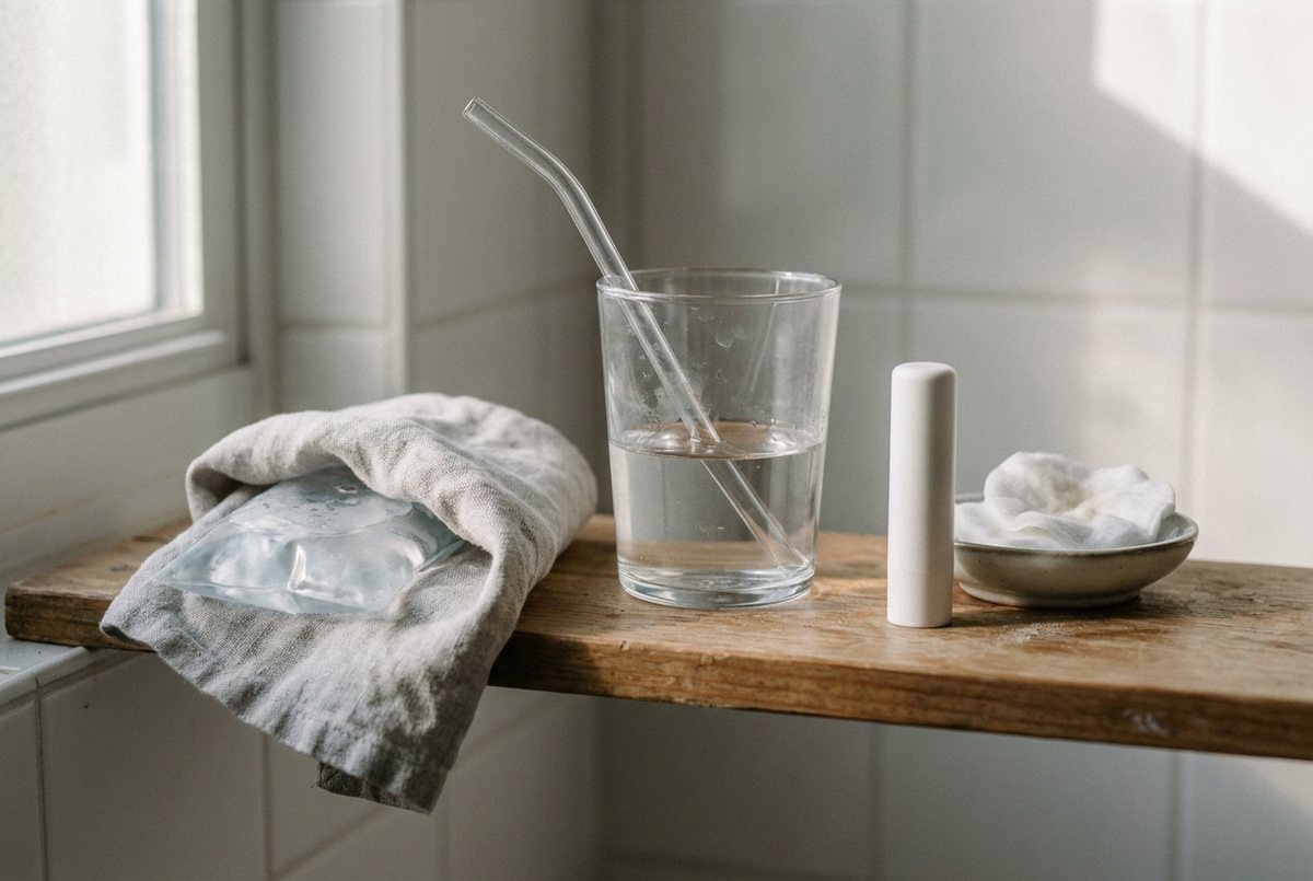 AI-generated illustration of an ice pack, a glass of water with a straw and lip balm on a bathroom shelf