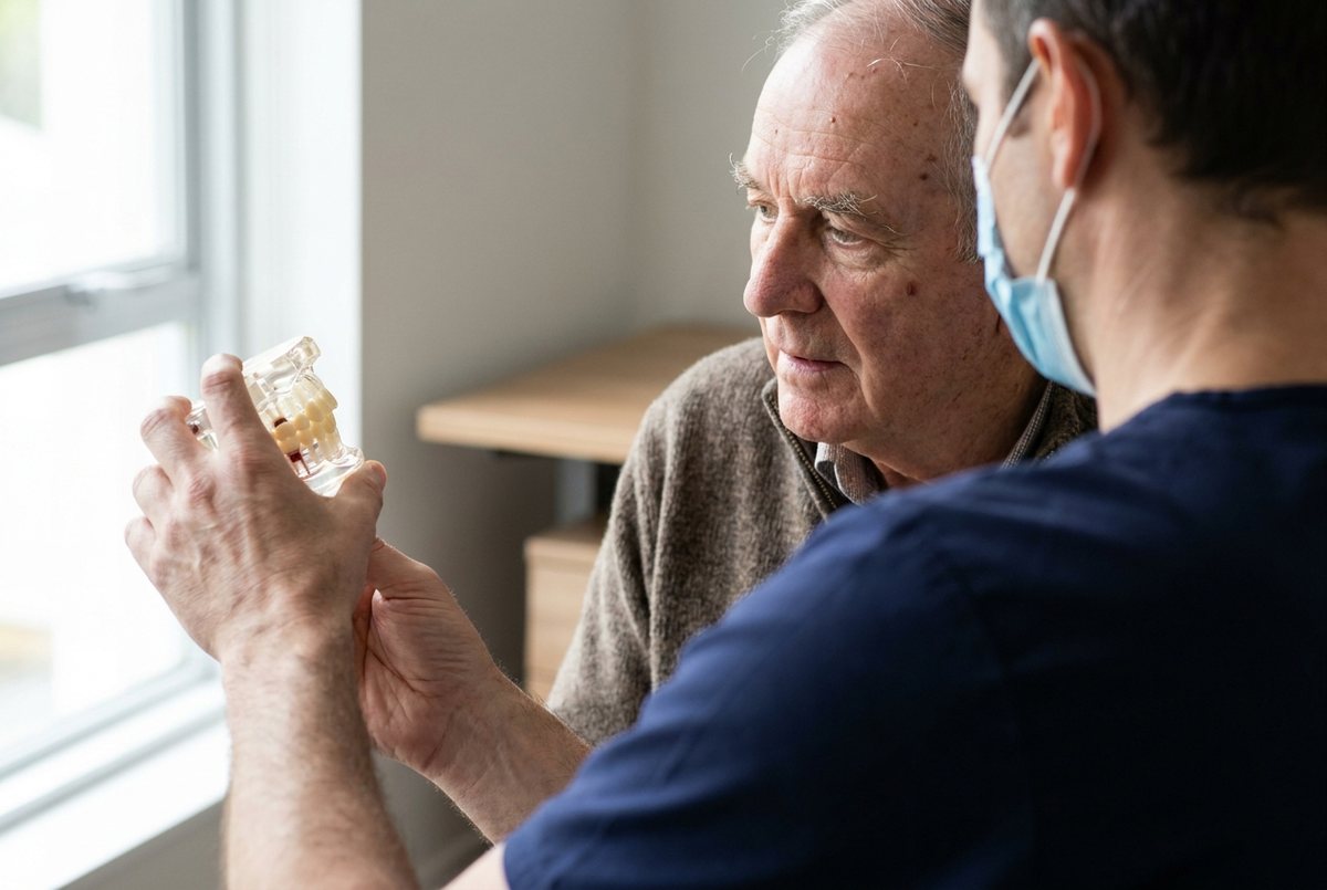 AI-generated illustration of a clinician showing a jaw model to a seated older man in a consultation room