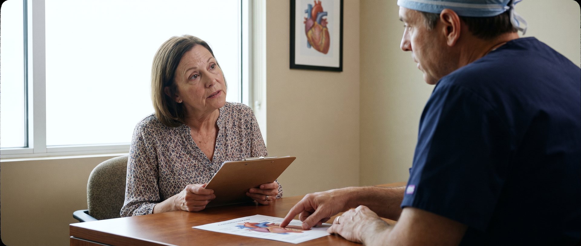 AI-generated illustration of a surgeon and a woman talking through a treatment plan at a desk