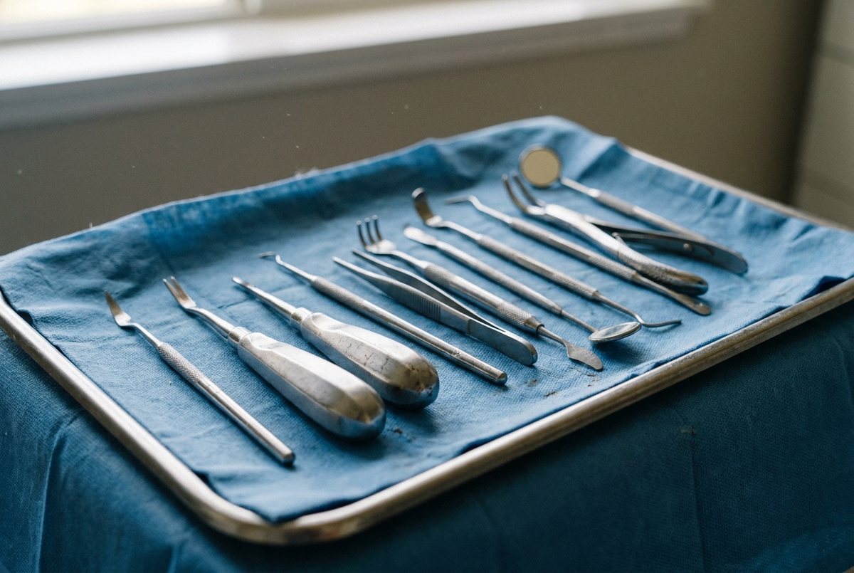 AI-generated illustration of oral surgery instruments arranged on a sterile blue drape