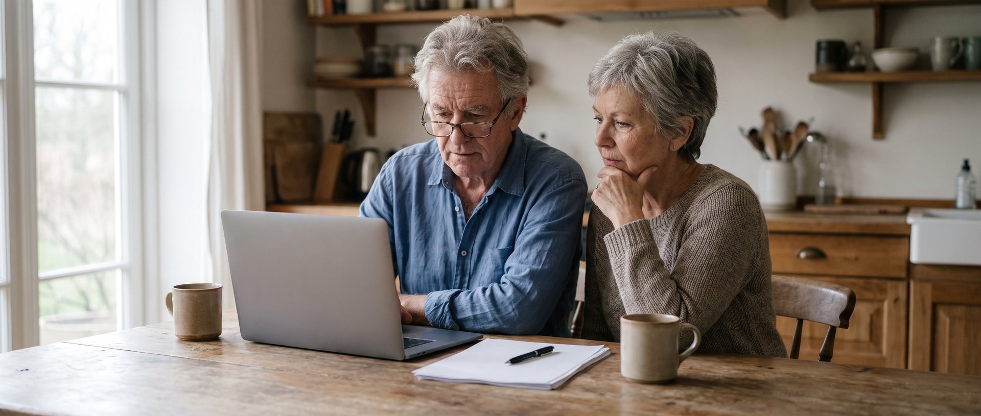 AI-generated illustration of an older couple sitting at a kitchen table going through papers together