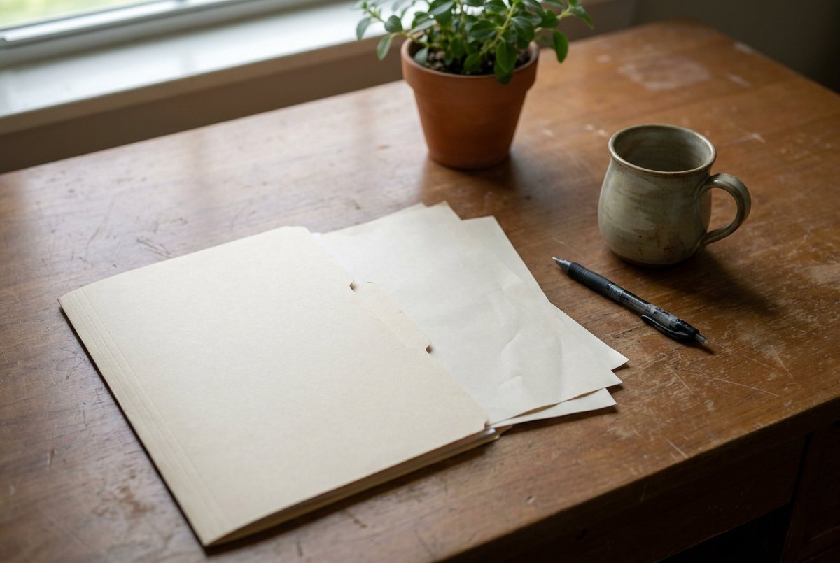 AI-generated illustration of a folder, pen and mug on a wooden desk