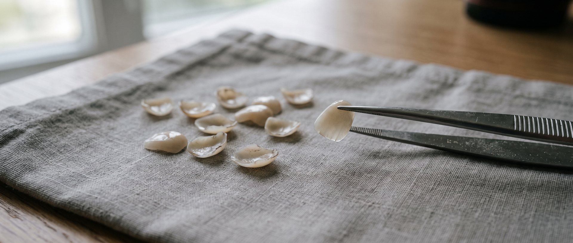AI-generated illustration of thin ceramic veneer shells on a grey cloth with one held in tweezers