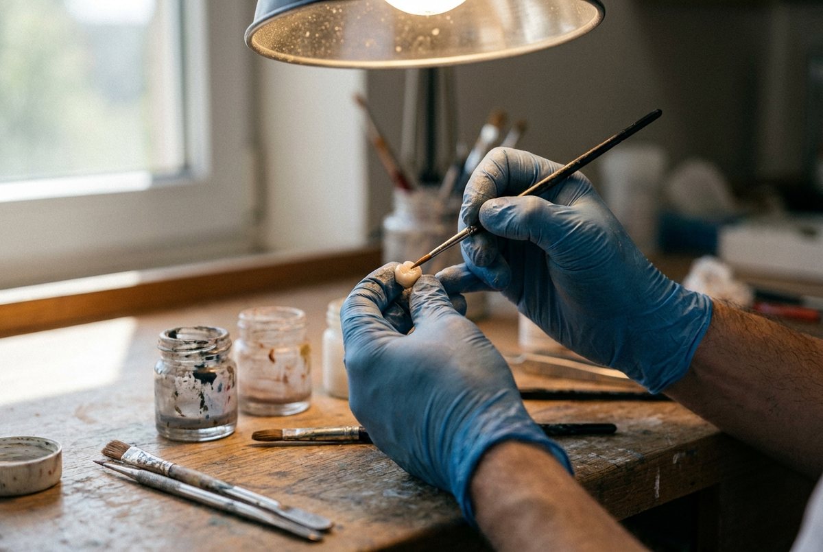 AI-generated illustration of a dental technician's hands painting a ceramic shell at a lab bench