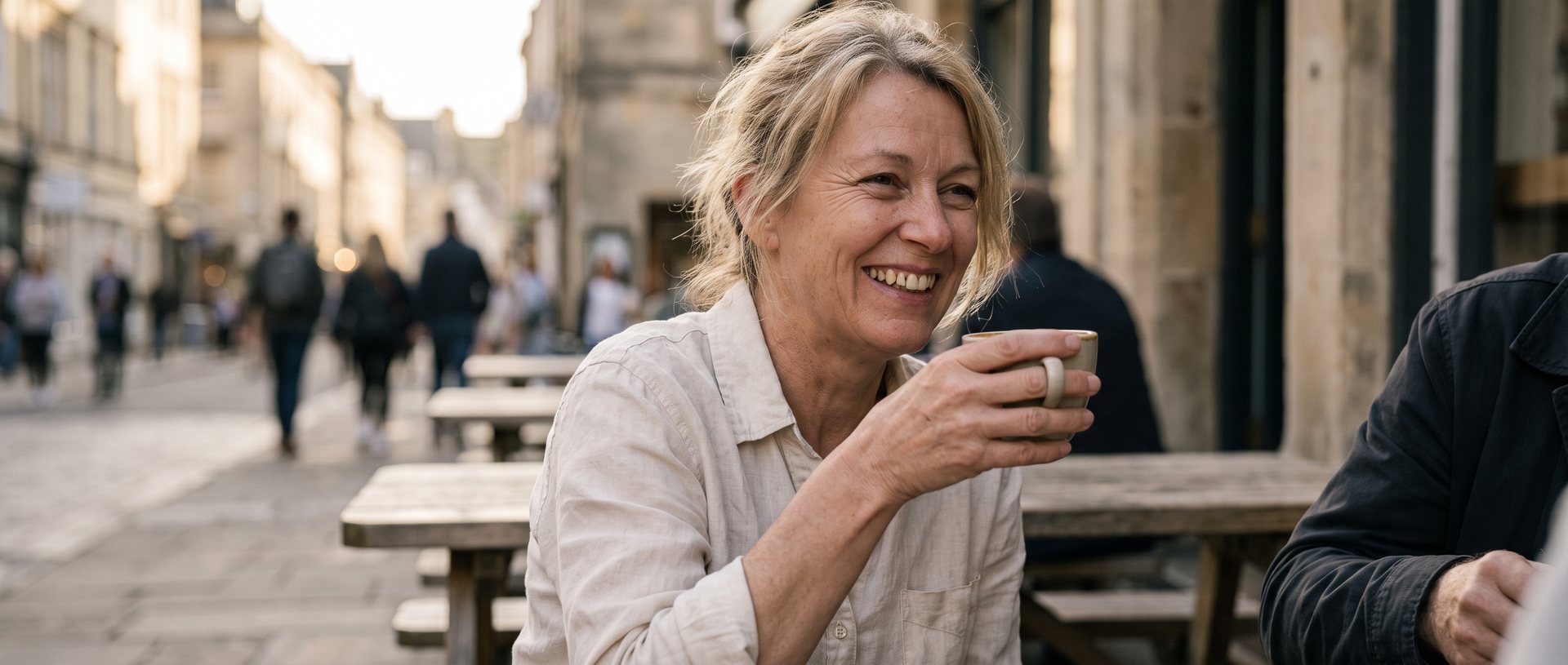AI-generated illustration of a woman in her fifties laughing at an outdoor cafe table