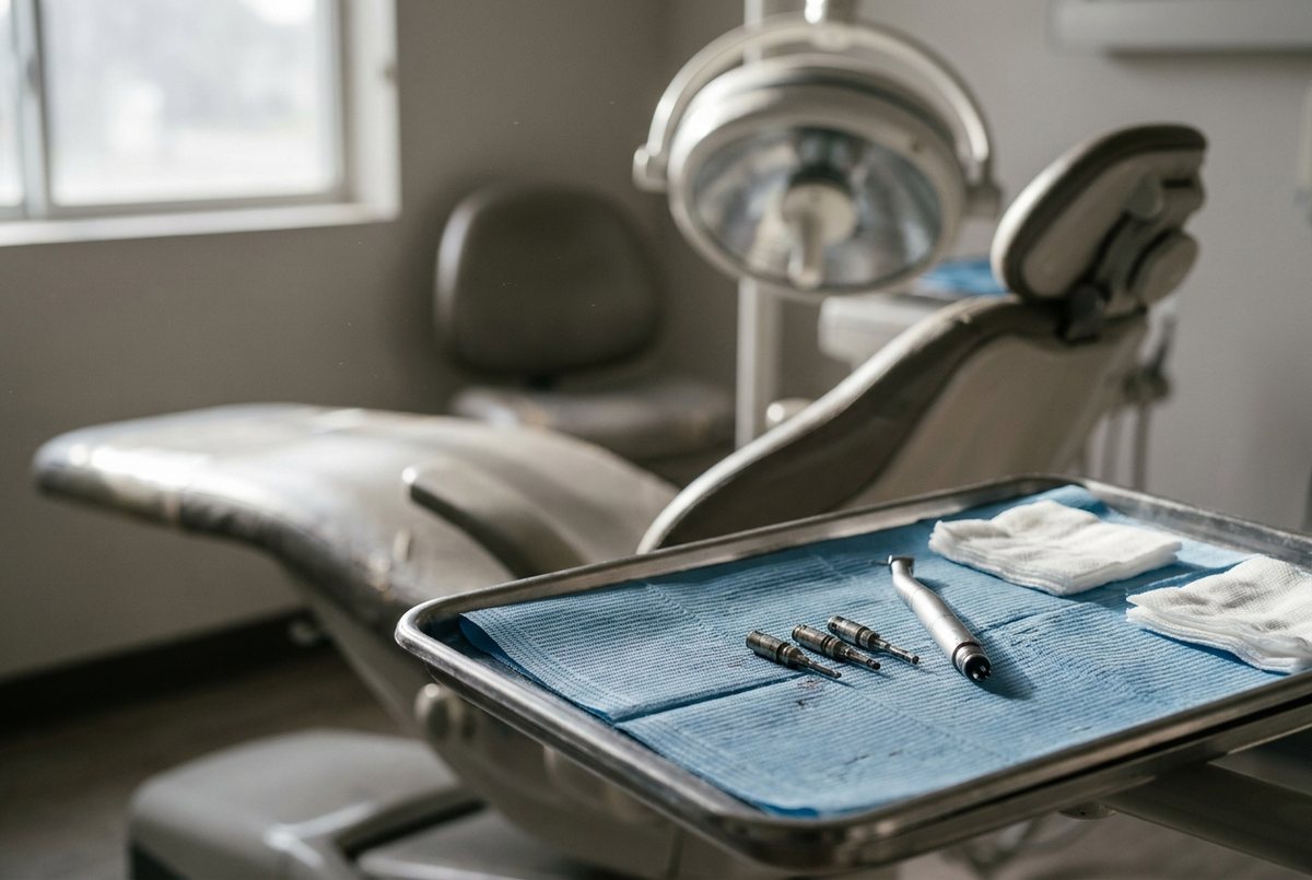 AI-generated illustration of a sterile surgical tray with implant instruments beside an empty dental chair