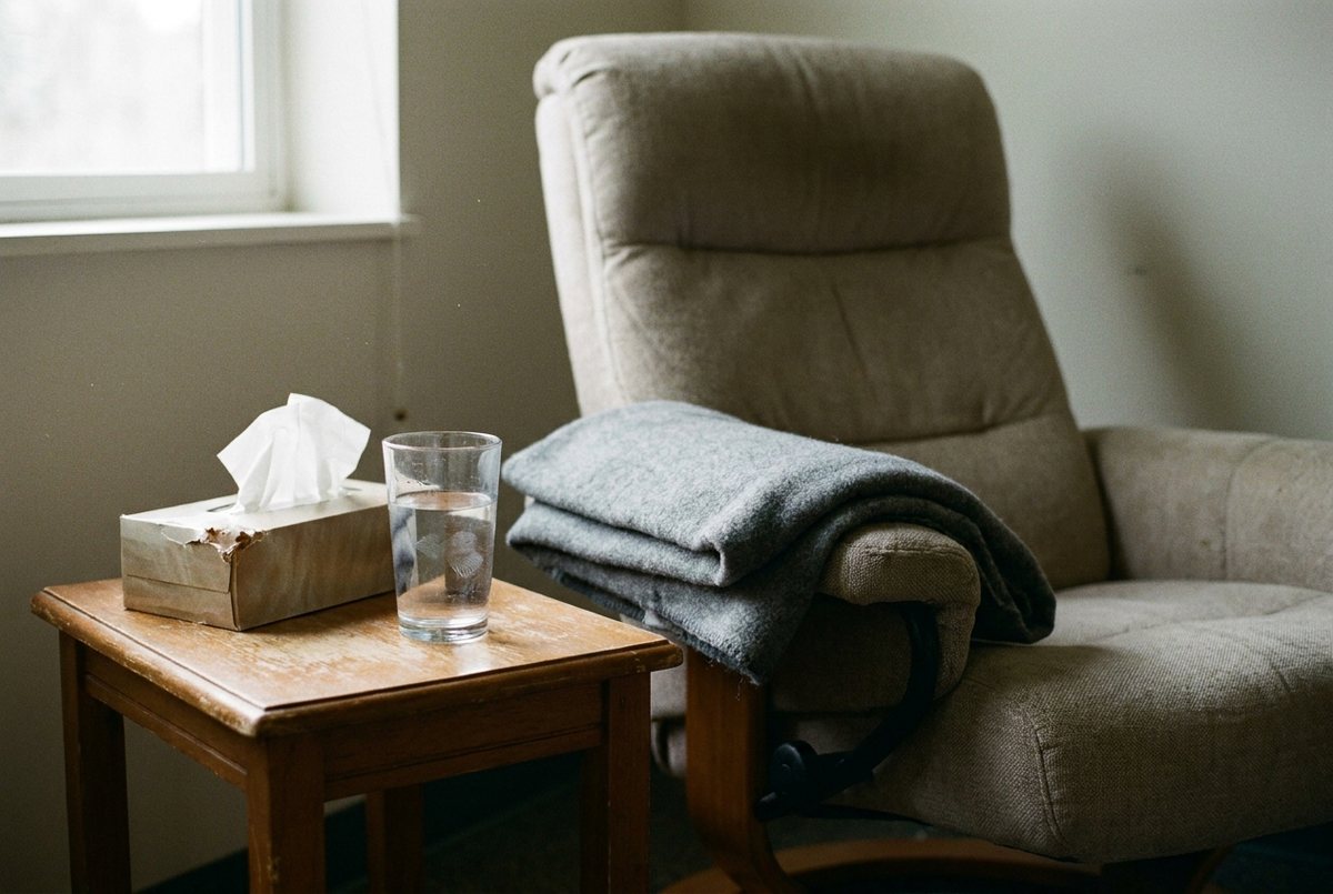 AI-generated illustration of a quiet recovery chair with a folded blanket and a glass of water