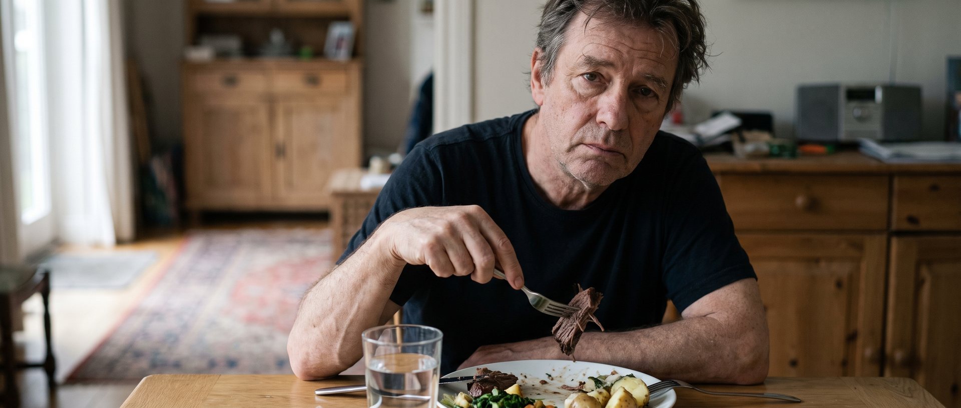 AI-generated illustration of a man at a dinner table pushing food aside on his plate with a fork