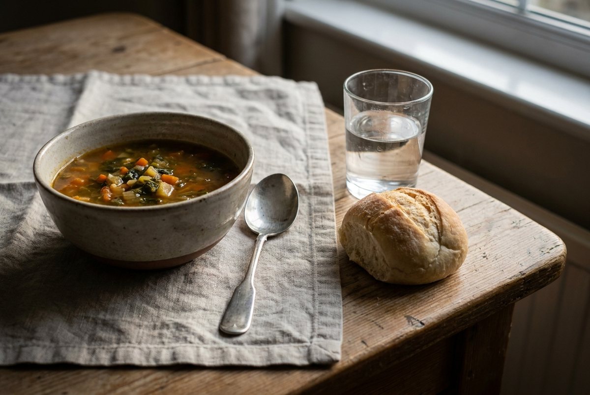 AI-generated illustration of a bowl of soup and a soft roll on a linen placemat