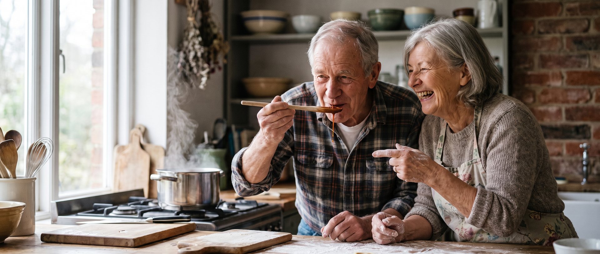 AI-generated illustration of an older couple laughing while cooking together in a kitchen