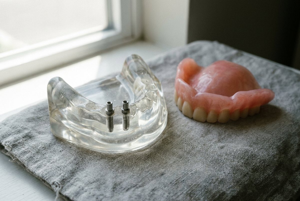 AI-generated illustration of a lower jaw model with two implants beside a lower denture on a grey cloth