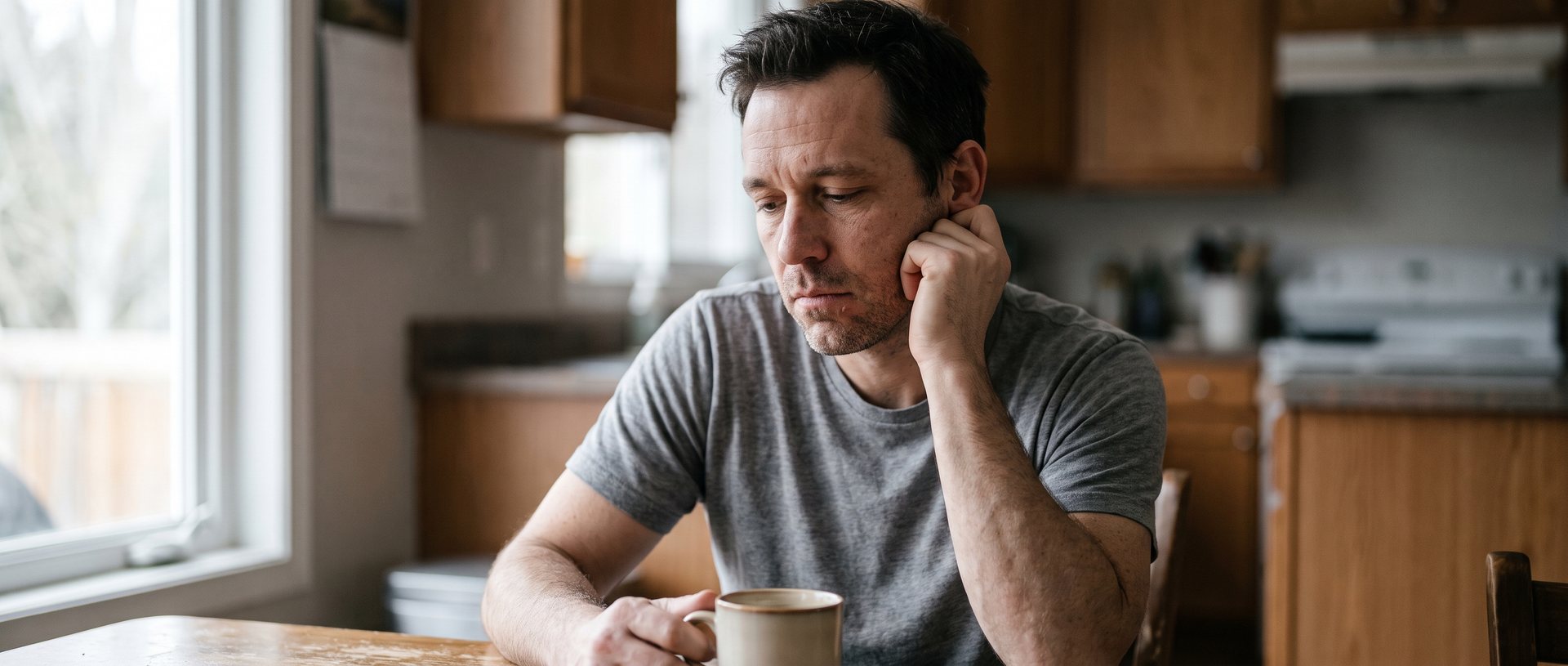 AI-generated illustration of a man in his forties at a kitchen table with a hand against his jaw