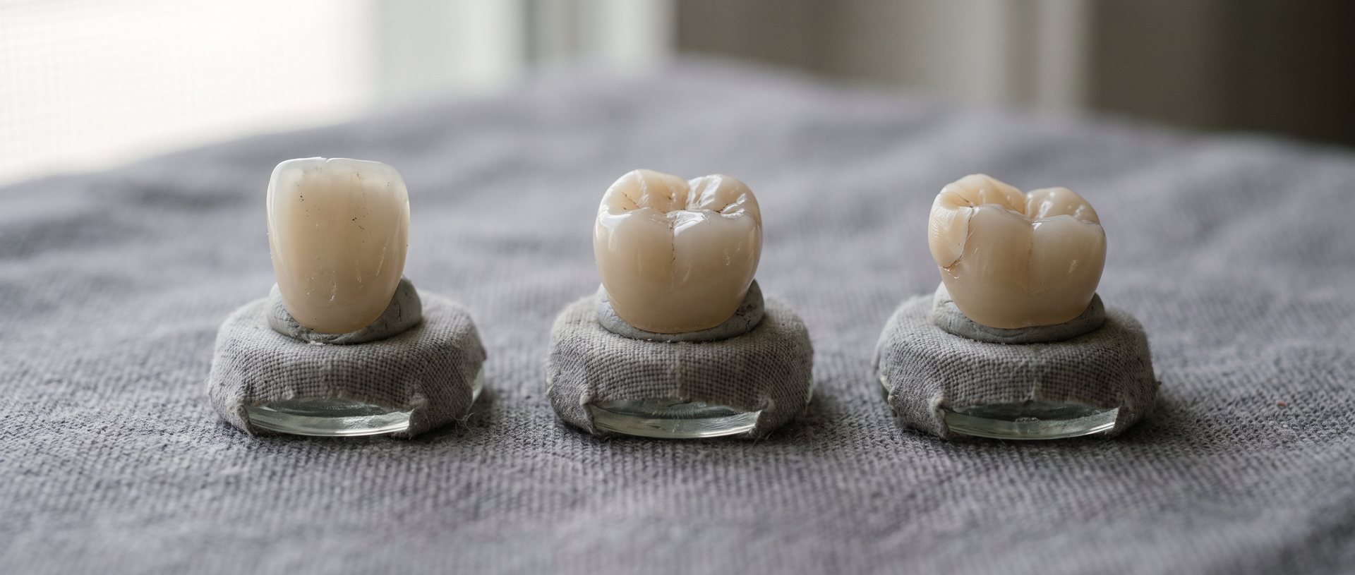 AI-generated illustration of three tooth models on small grey cushions on a grey cloth