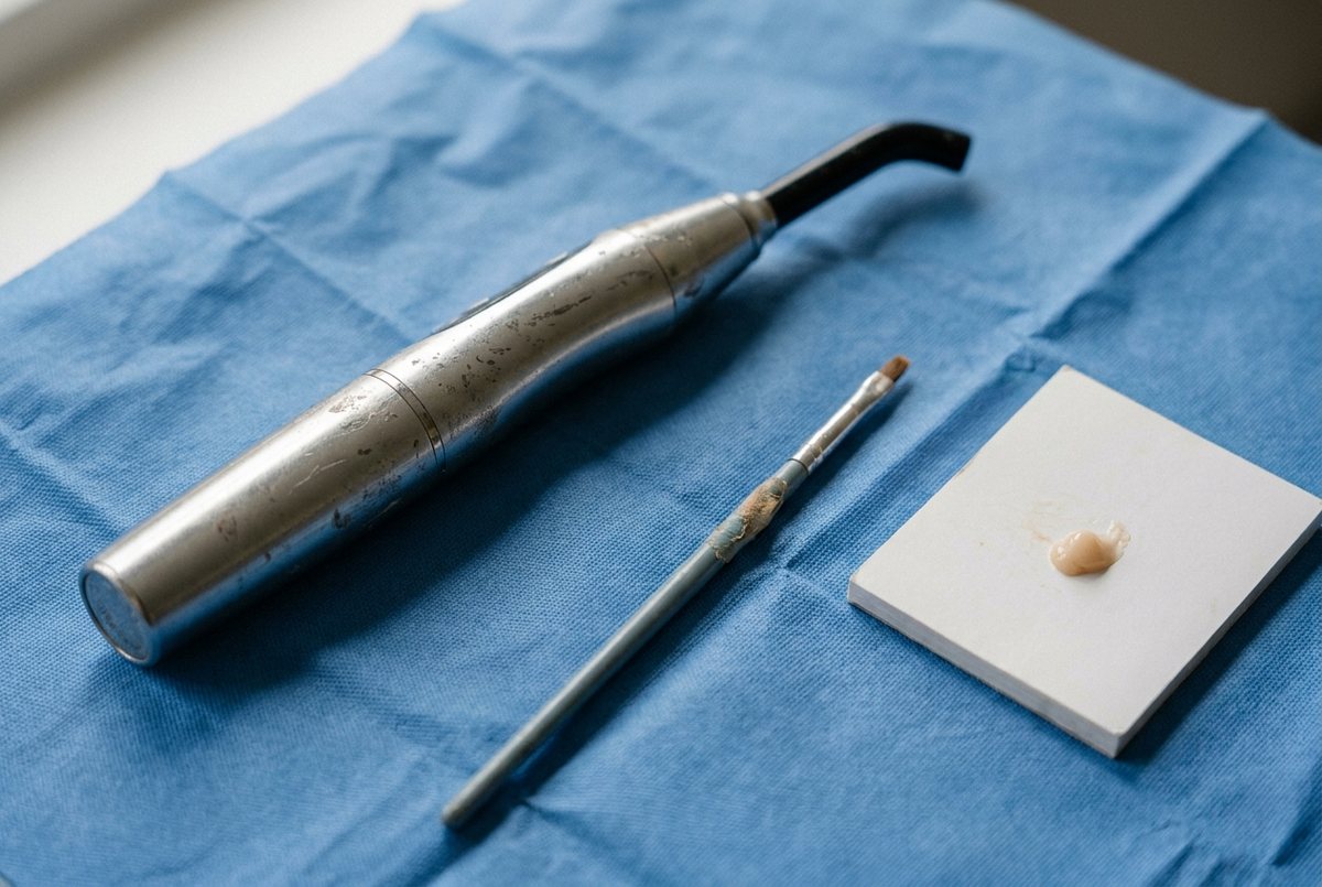 AI-generated illustration of a dental curing light, an applicator brush and a dab of resin on a sterile drape
