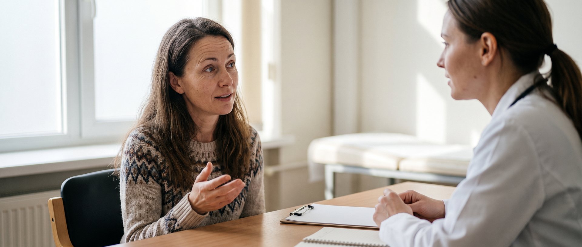 AI-generated illustration of a woman asking questions during a consultation with a clinician