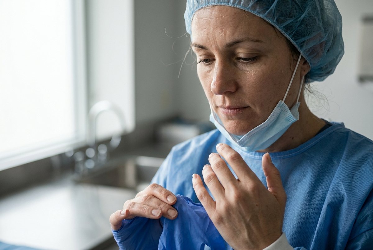 AI-generated illustration of a clinician in a gown pulling on blue gloves in a clean treatment room
